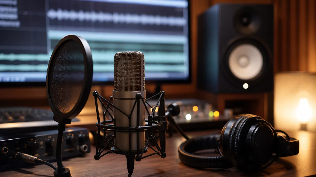 Photorealistic vocal recording desk with studio microphone, pop filter, headphones, monitor speaker, and blurred waveform screen