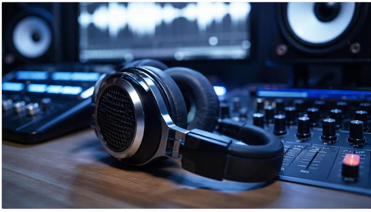 Photorealistic close-up of studio headphones, mixing controller, and monitor speaker in cool studio light