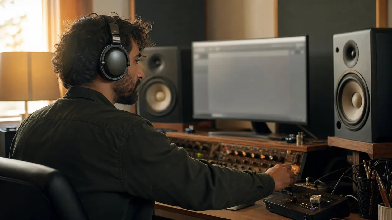 Photorealistic music producer wearing headphones at a studio mixing desk with monitor speakers and audio interface