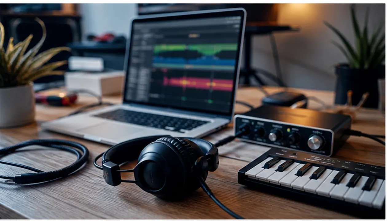 Photorealistic home music producer desk with laptop, headphones, audio interface, and MIDI keyboard