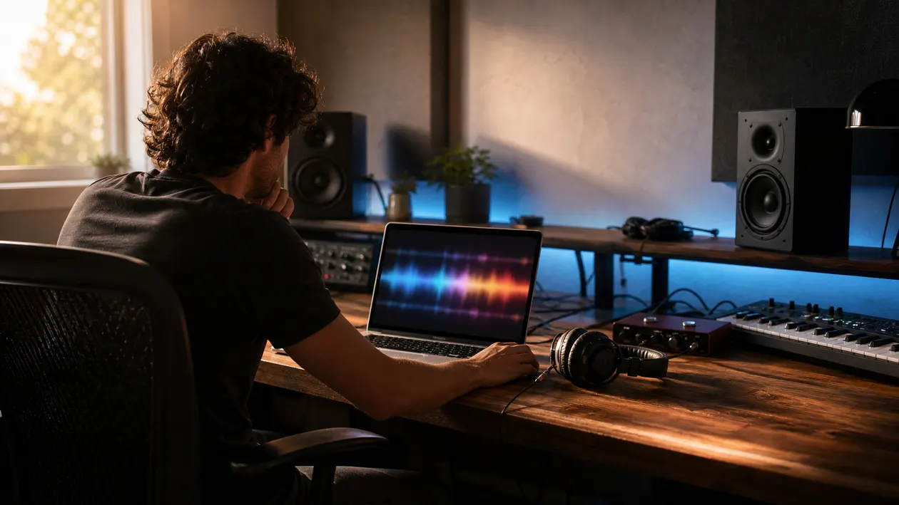 Music producer comparing an AI song at a home studio desk before mastering