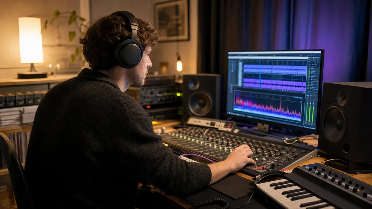 Music producer in a home studio comparing an audio waveform and frequency display before mastering