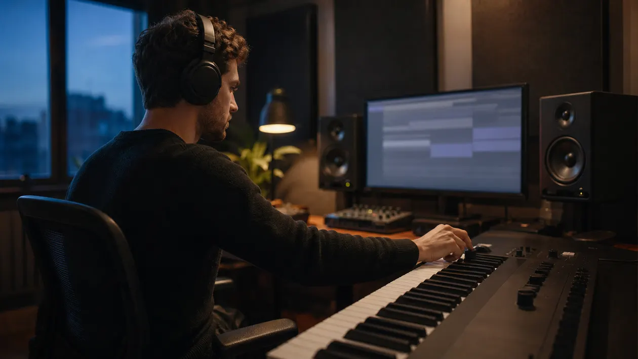 Music producer wearing headphones and adjusting a MIDI keyboard in an evening home studio
