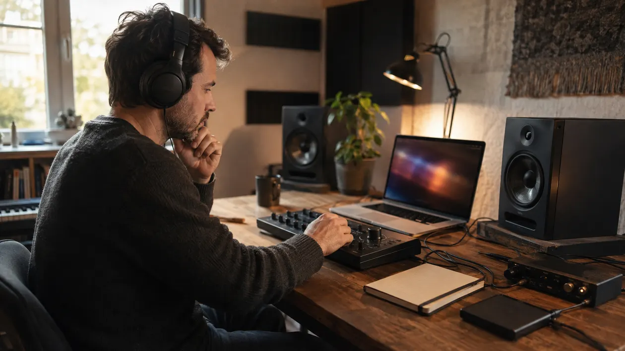 Music creator reviewing an AI music cleanup workflow with headphones in a home studio