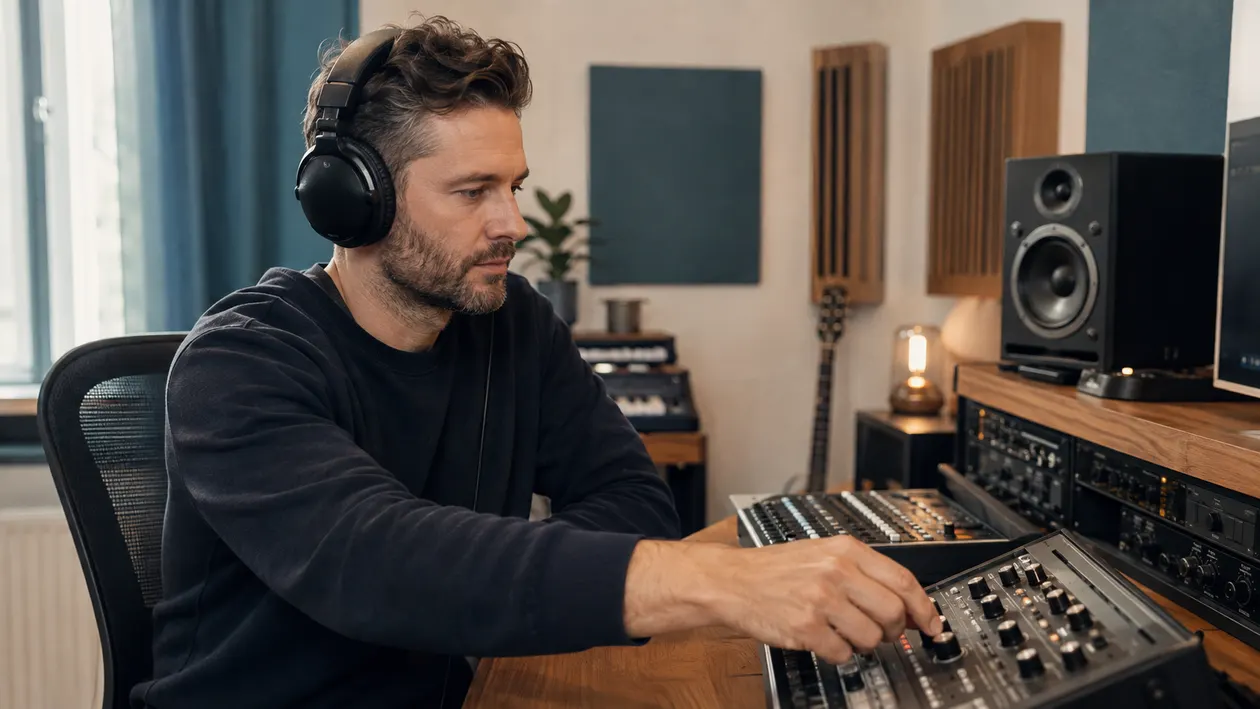 Music creator making a careful EQ adjustment while comparing audio on headphones in a home studio
