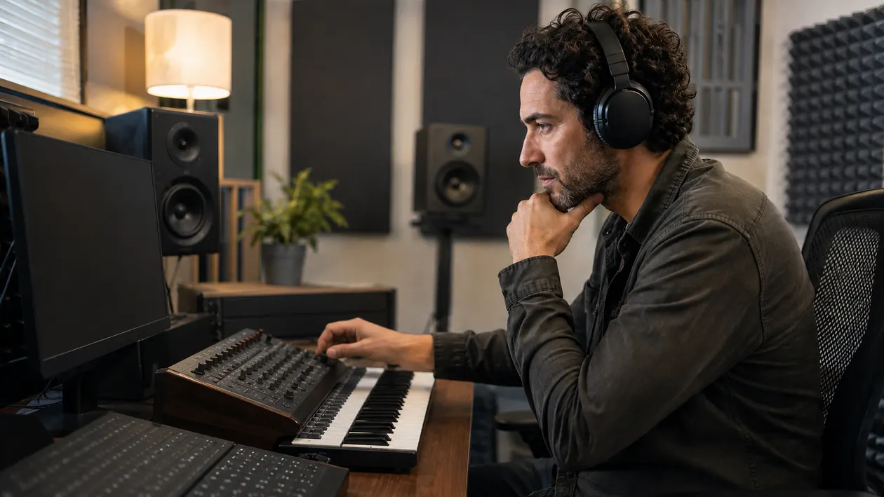 Music producer listening critically while adjusting unbranded studio controls before mixing a song