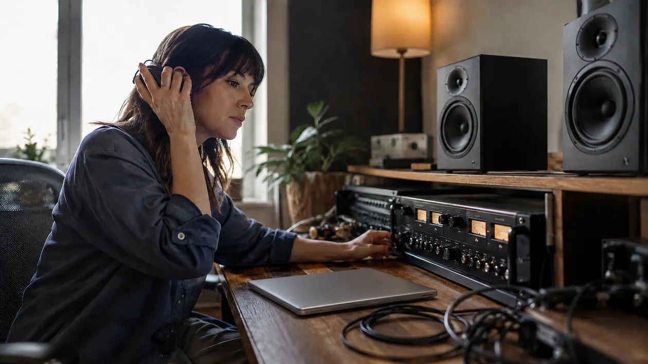 Music creator checking a finished track on headphones at a home studio desk