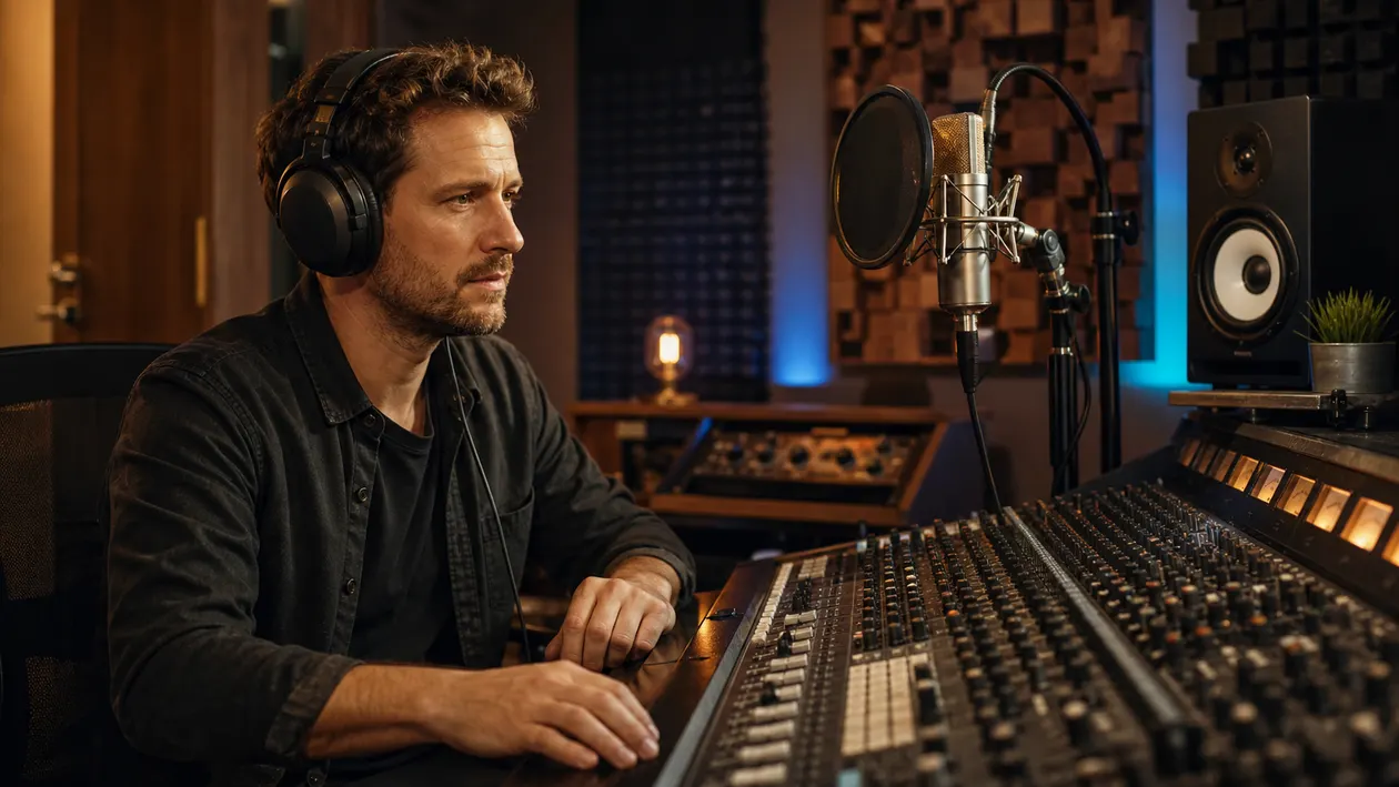 Music producer listening to a vocal cleanup session at a studio mixing desk