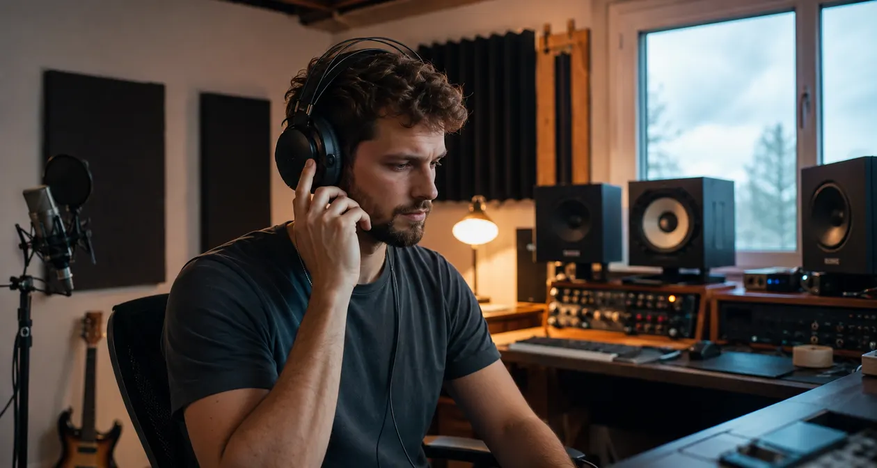 Music creator listening closely on headphones in a compact home studio with a vocal microphone and studio monitors