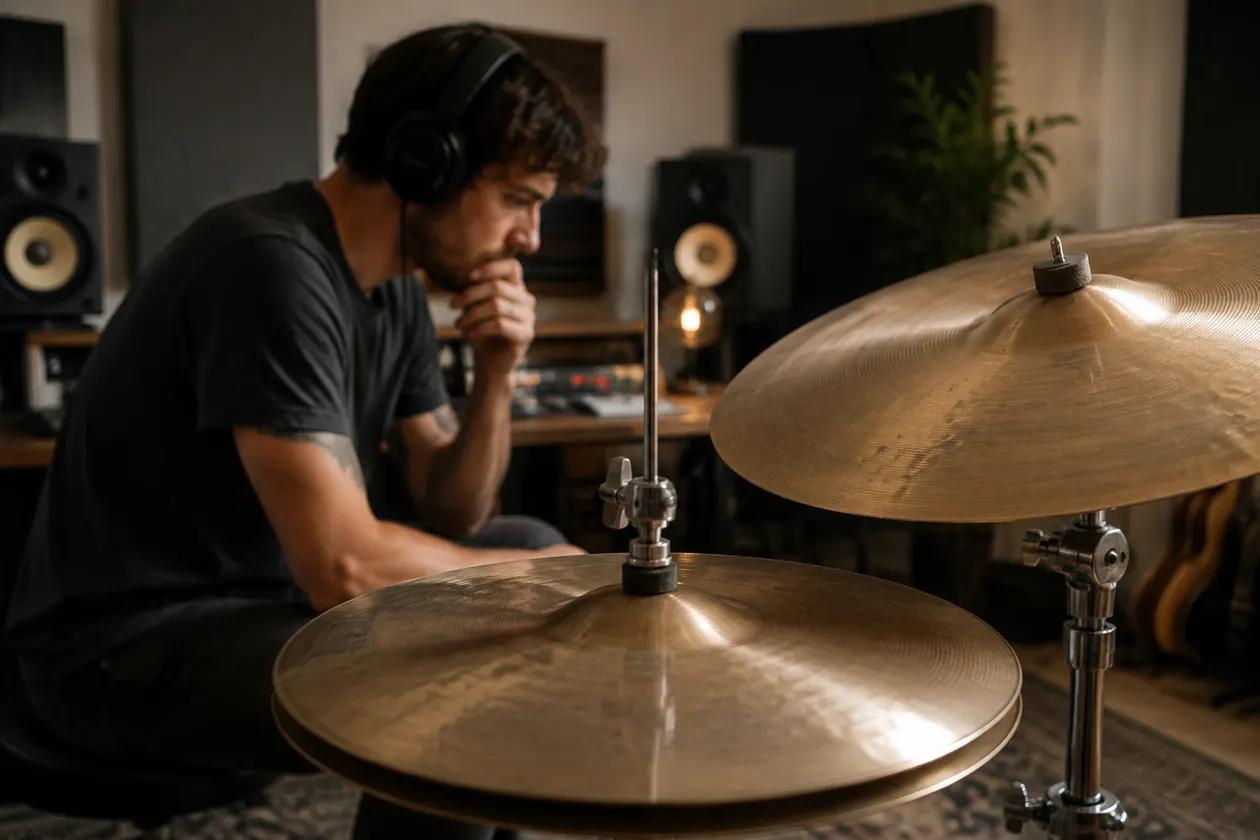 Music creator listening critically beside a real hi-hat and cymbal setup in a compact home studio