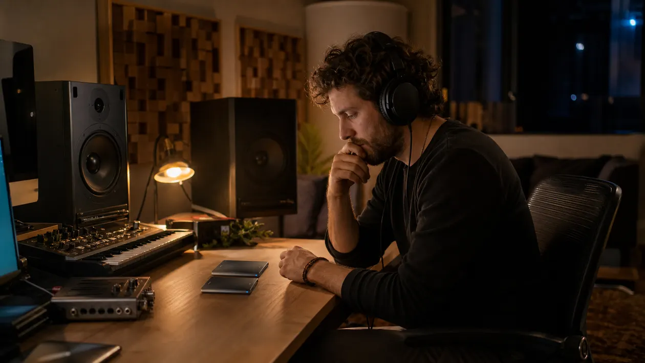 A producer listening closely to a finished track in a warm, compact studio with monitors, headphones, an audio interface, and a keyboard controller.