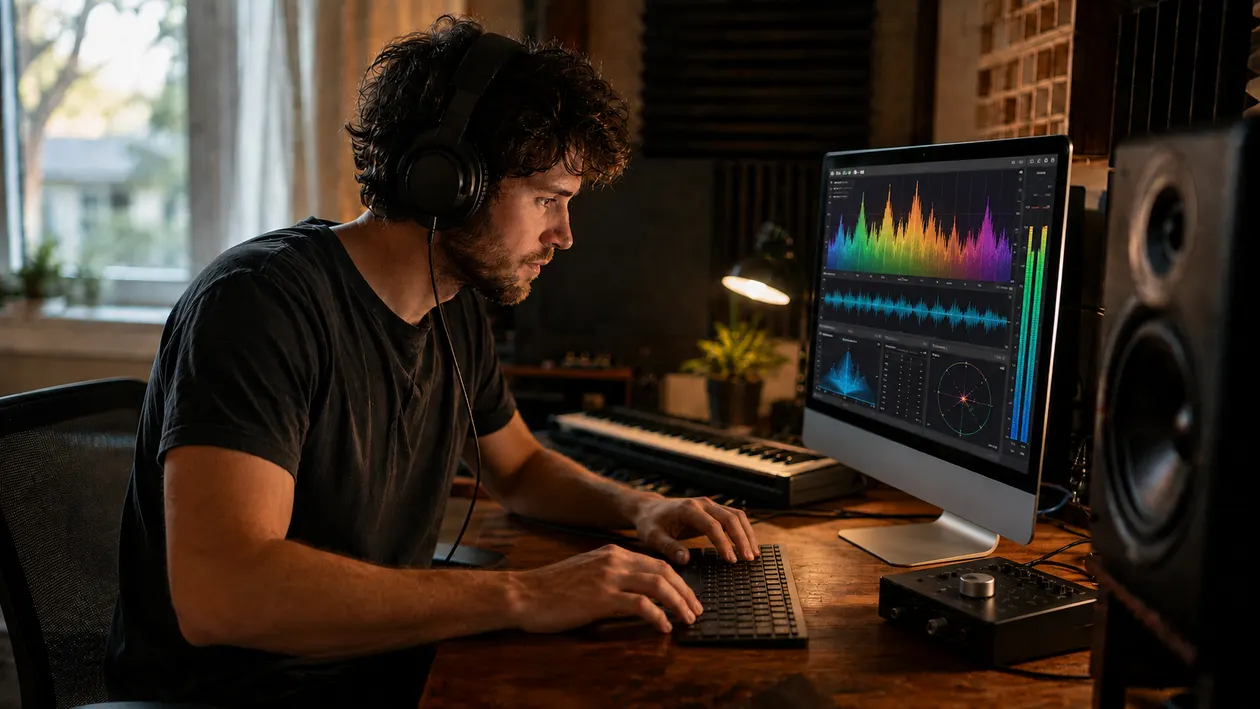 Music creator listening closely and taking notes while adjusting an unbranded audio interface in a compact home studio