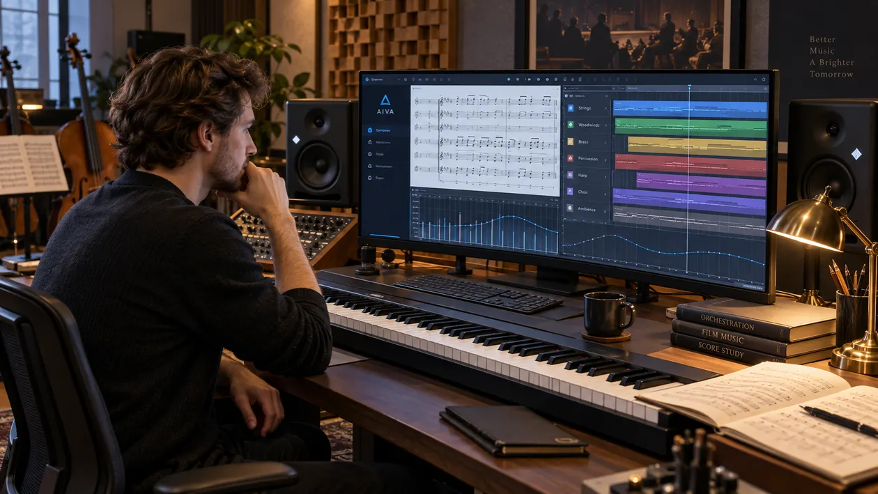 Composer in studio control room beside a digital piano and monitor speakers evaluating orchestral audio