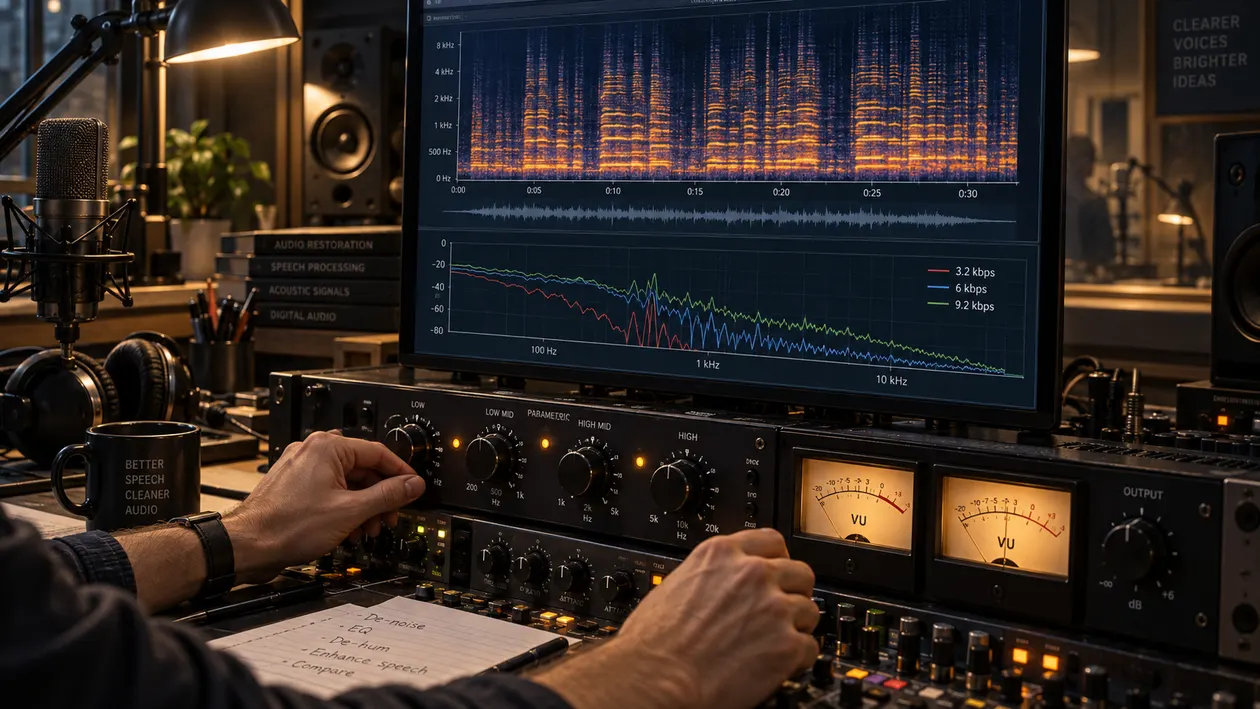 Close-up of analog studio VU meters and tactile mixing desk controls