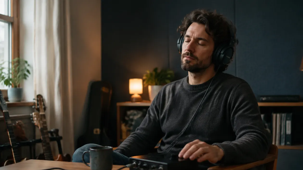 Music creator comparing source files at a home studio desk before audio cleanup