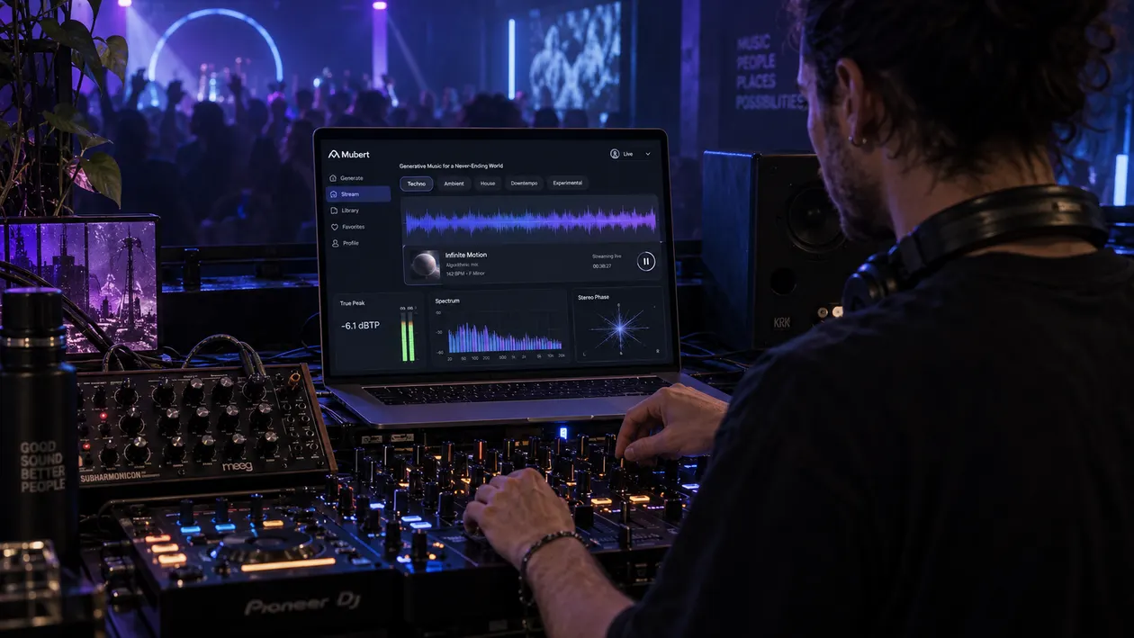Electronic music producer working with generative streaming interface, DJ mixer, and studio monitor