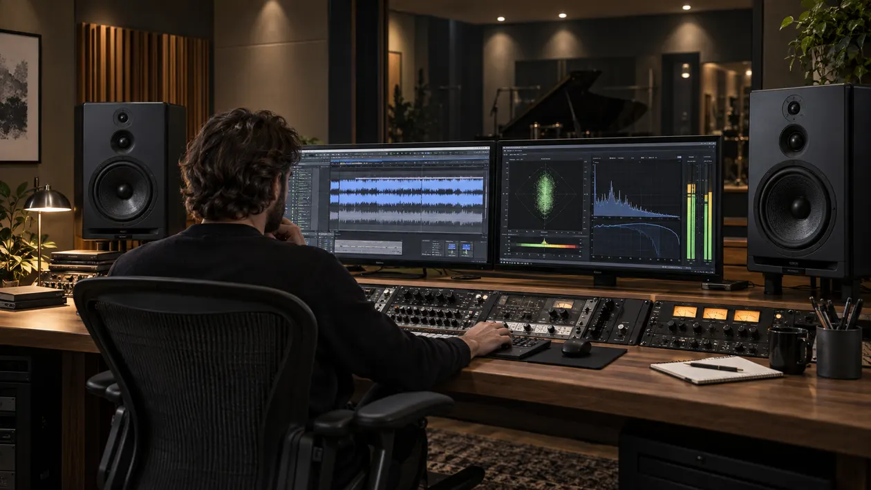 Audio mastering control room with wooden studio monitors and a Muse render open beside a correlation meter