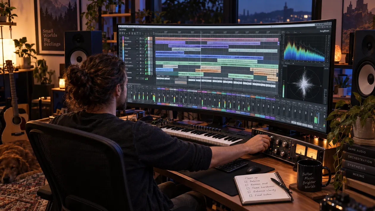 Creative producer adjusting analog rotary dials while reviewing a dense SongBloom arrangement in a home studio