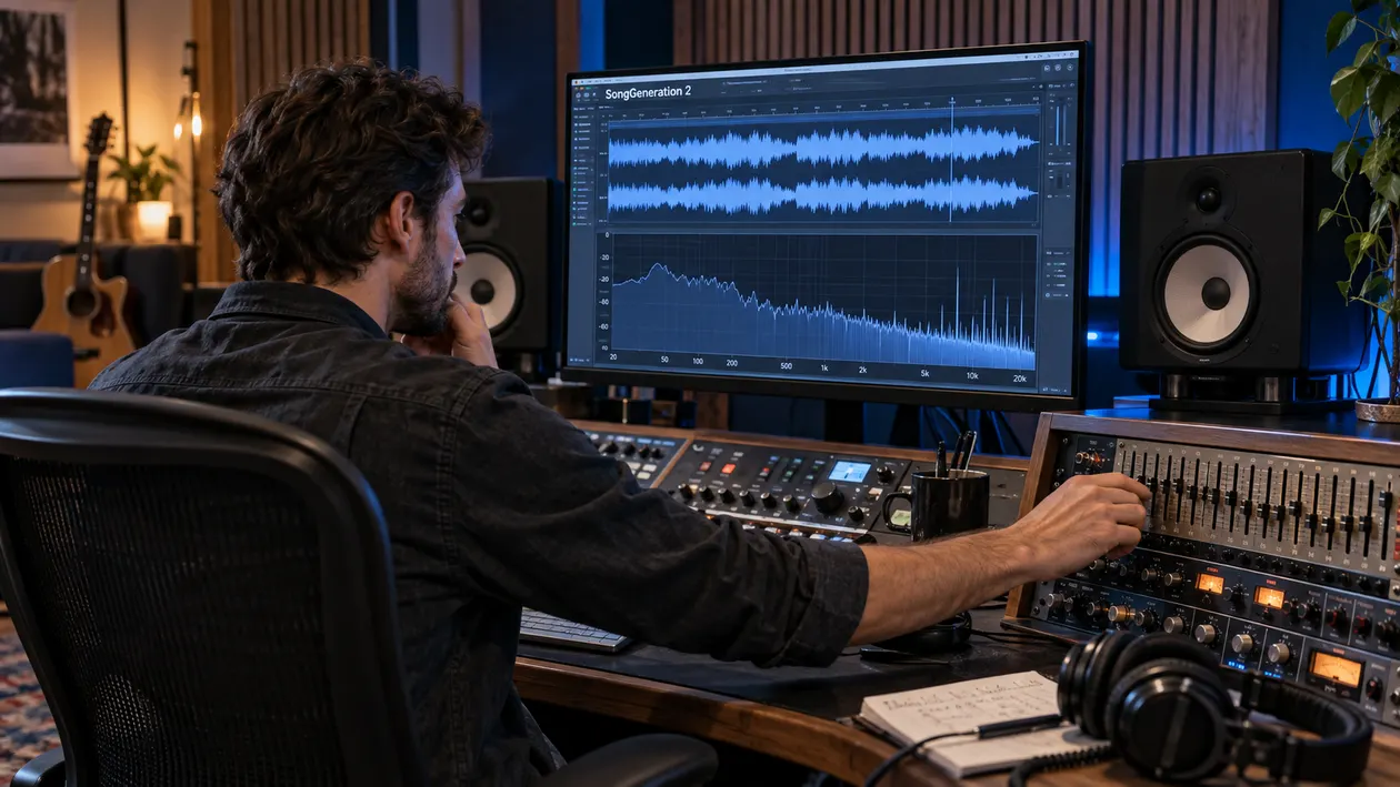 Sound engineer in studio adjusting equalizer fader on analog mixing desk