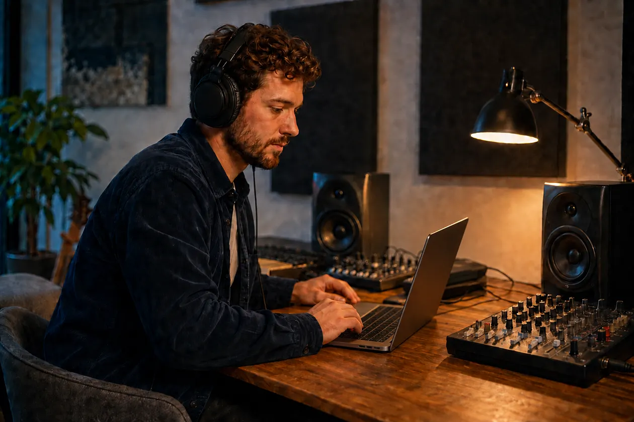 Man in headphones looking at a laptop beside a mixer and studio speakers