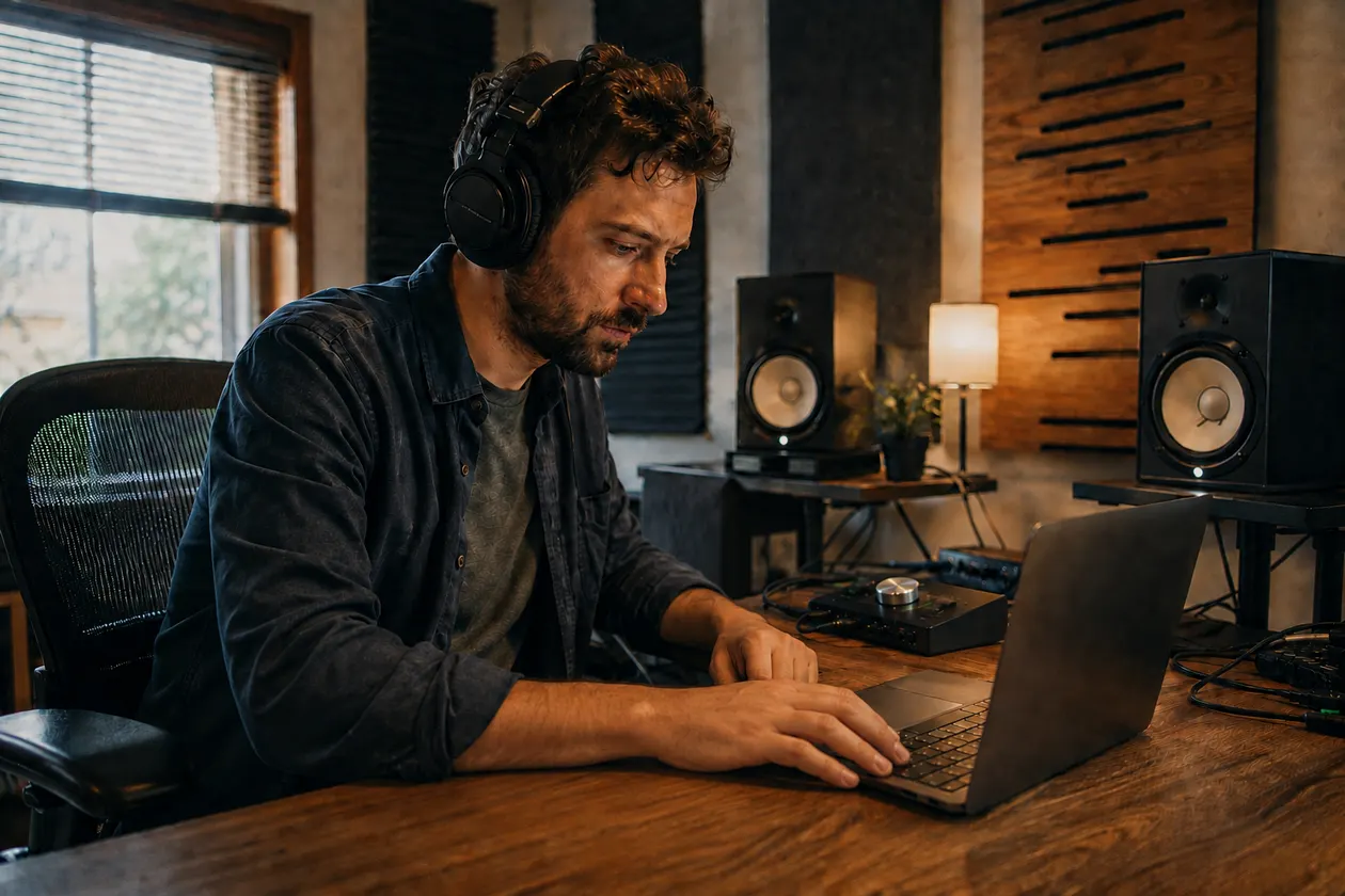 Music creator taking notes while listening in a compact home studio