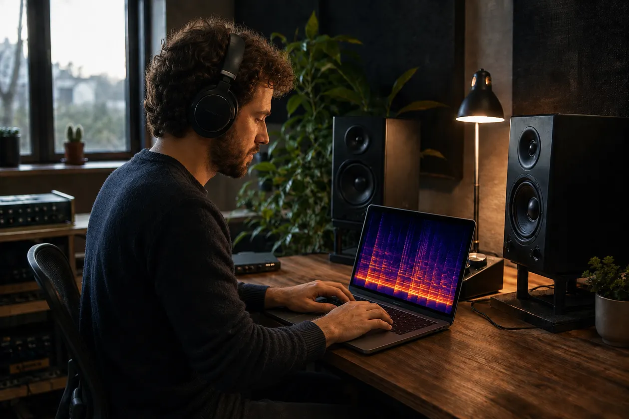 Music creator listening at a studio desk beside an open laptop displaying a colorful audio spectrogram