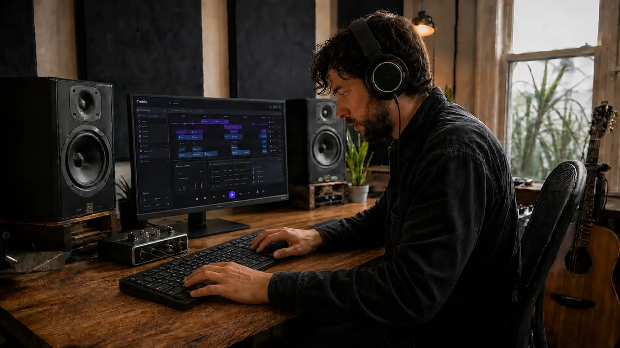 Music creator wearing headphones and using a standalone keyboard in front of Treblo on a desktop monitor