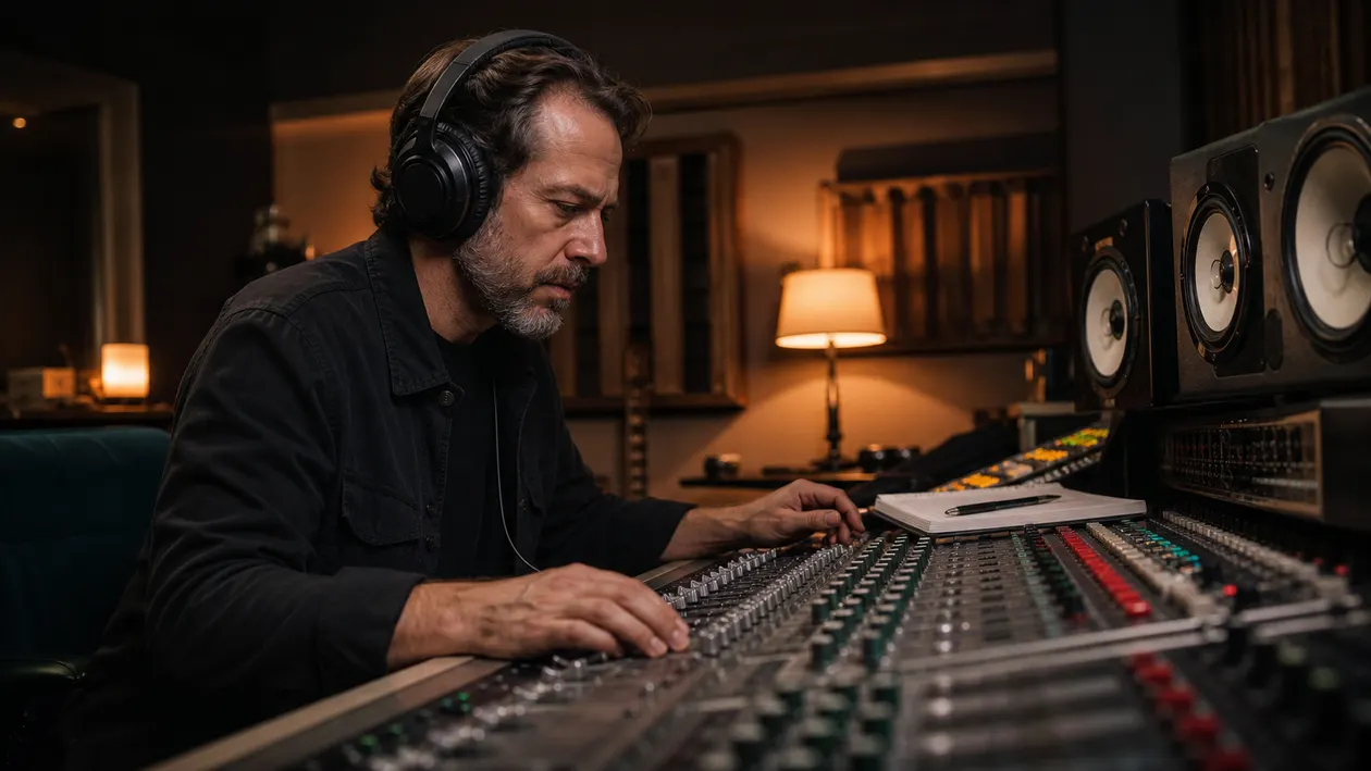 Music producer checking a short audio loop on headphones at a recording studio mixing desk